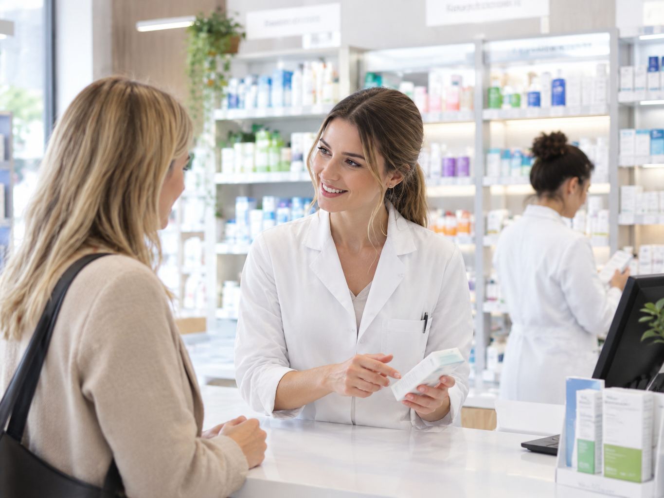 Una farmacista consiglia una cliente al banco di una farmacia del territorio
